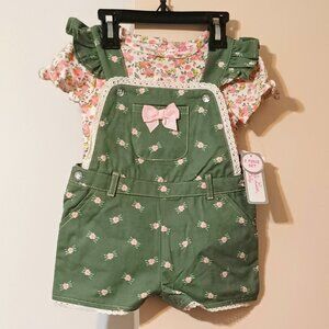 NWT~Little Lass Baby 2-Piece Floral Shirt Green Overall Short Outfit (24 Months)